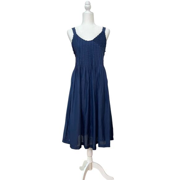 Lafayette 148 Blue Cotton-Silk Sz 6 Pleated Smocked Sleeveless Midi Summer Dress - Picture 1 of 9